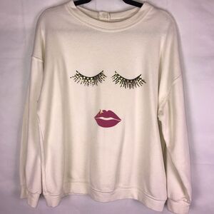 Blue Buttercup Graphic Lashes and Lips Sweater Womens Size Large
